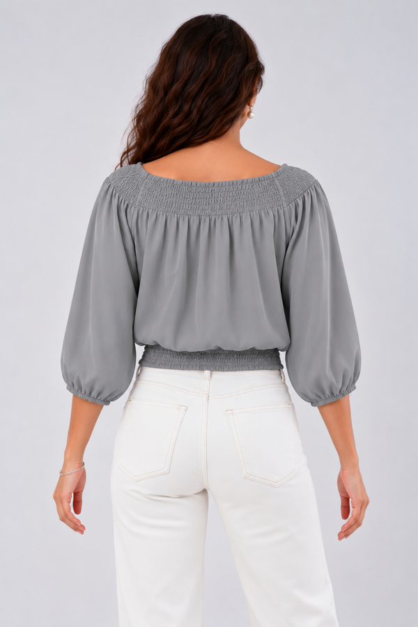 Smocked Neckline Georgette Blouse (Grey)