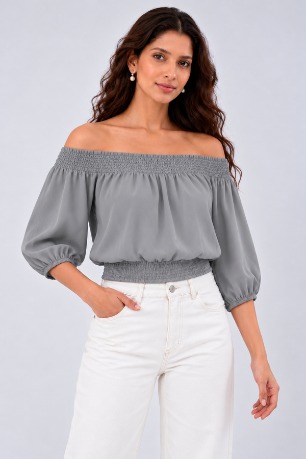 Smocked Neckline Georgette Blouse (Grey)