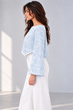 Bloom Bell Sleeve Crop Top (Blue Floral)