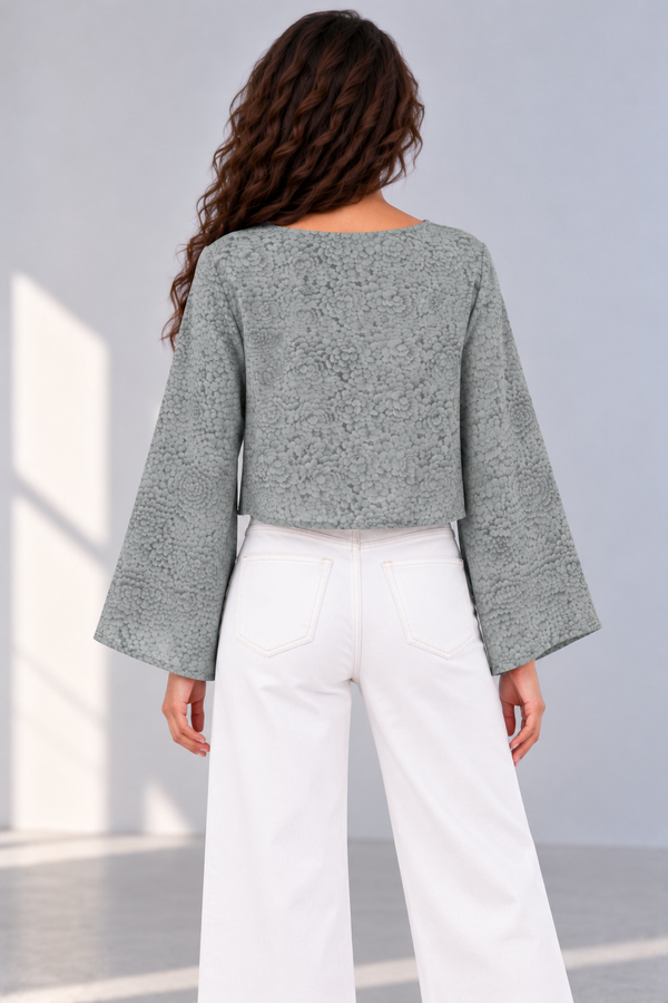 Bloom Bell Sleeve Crop Top (GREY)