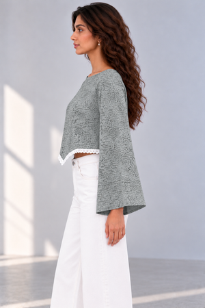 Bloom Bell Sleeve Crop Top (GREY)