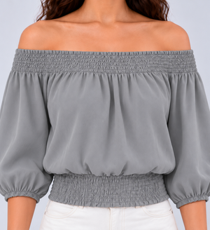 Smocked Neckline Georgette Blouse (Grey)