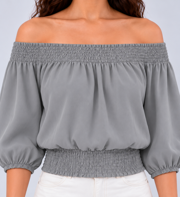 Smocked Neckline Georgette Blouse (Grey)