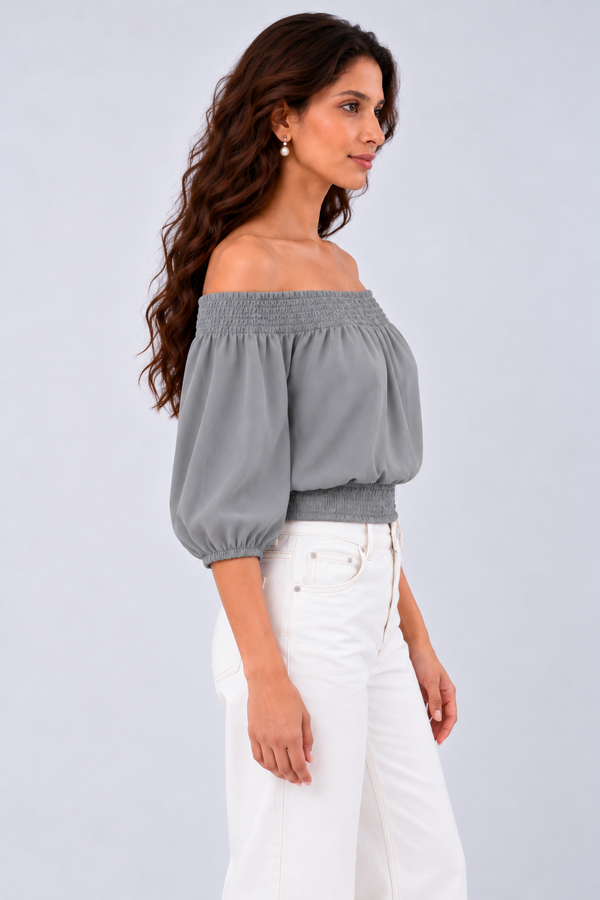 Smocked Neckline Georgette Blouse (Grey)