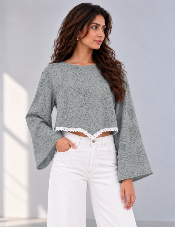 Bloom Bell Sleeve Crop Top (GREY)