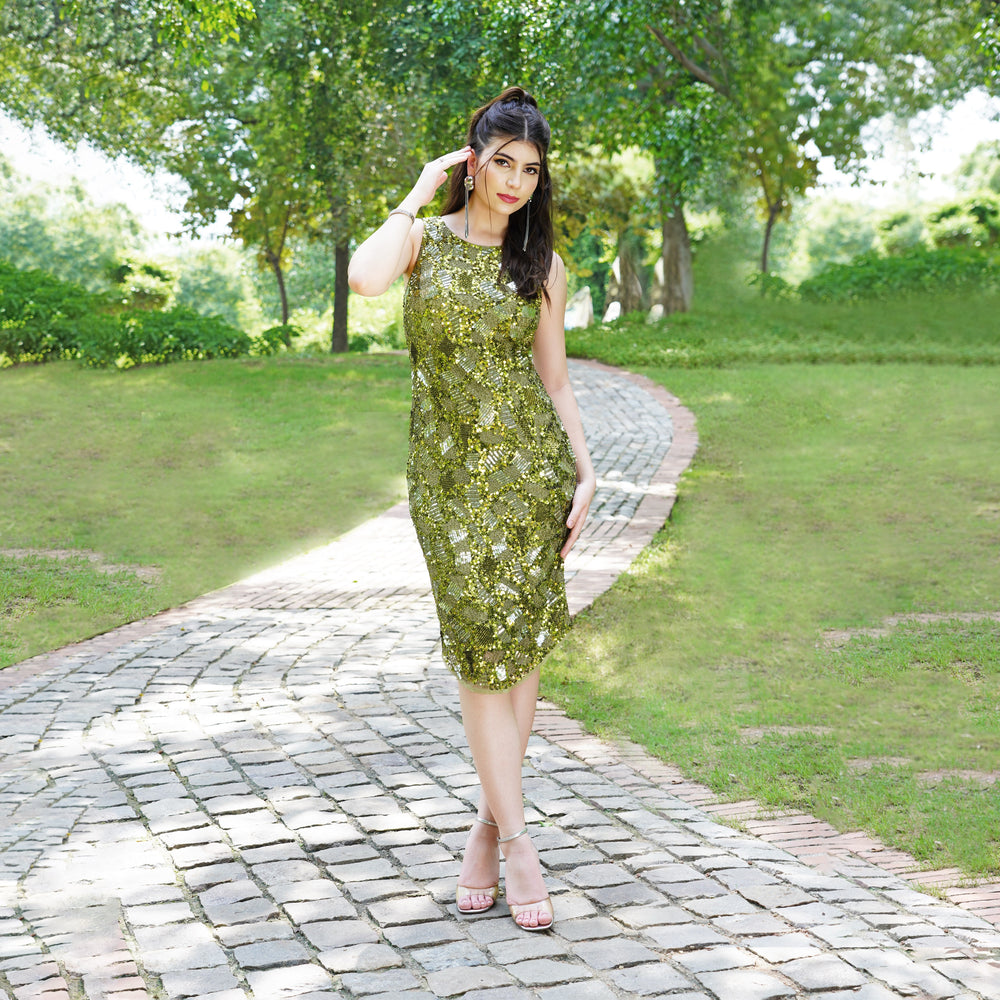 Olive Green Sequin Party Dress