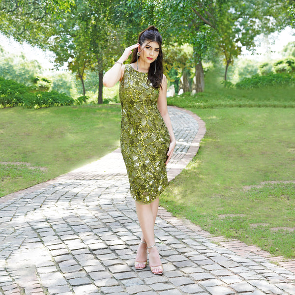 Olive Green Sequin Party Dress