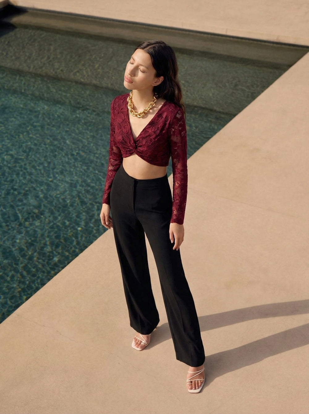 Burnout Mesh Twist Front Crop Top (Burgundy)