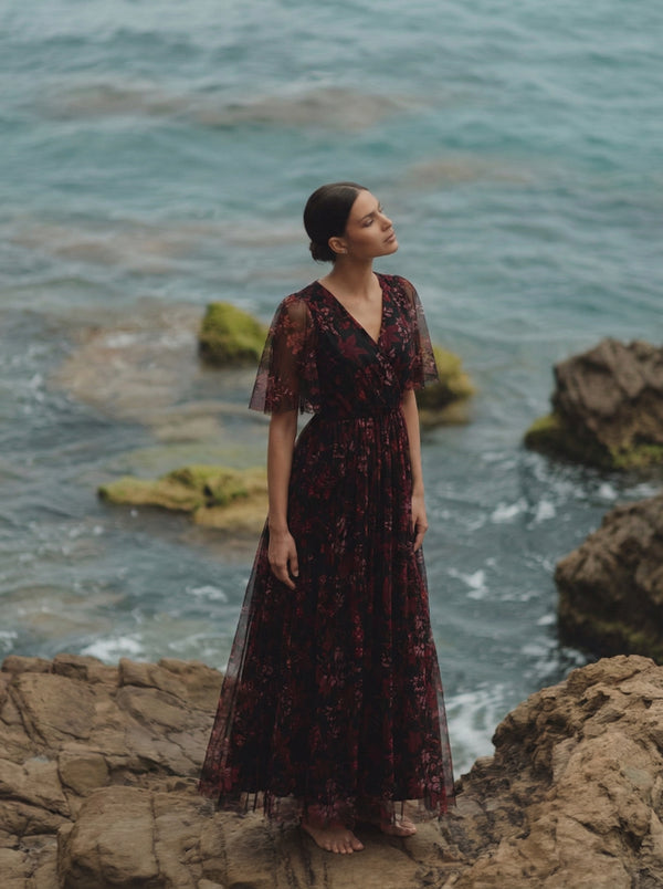 Burgundy Floral Mesh Maxi Dress