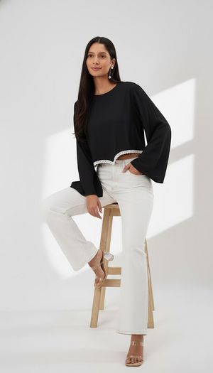 Bloom Bell Sleeve Crop Top (Black)