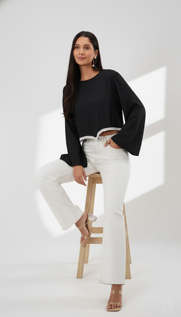 Bloom Bell Sleeve Crop Top (Black)
